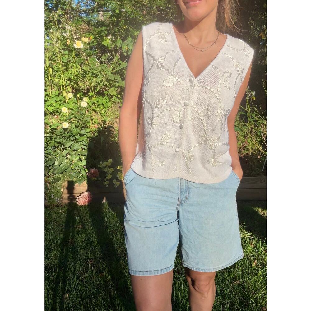 Vintage 90s Ivory Embroidered Knit Vest, Kathie Lee